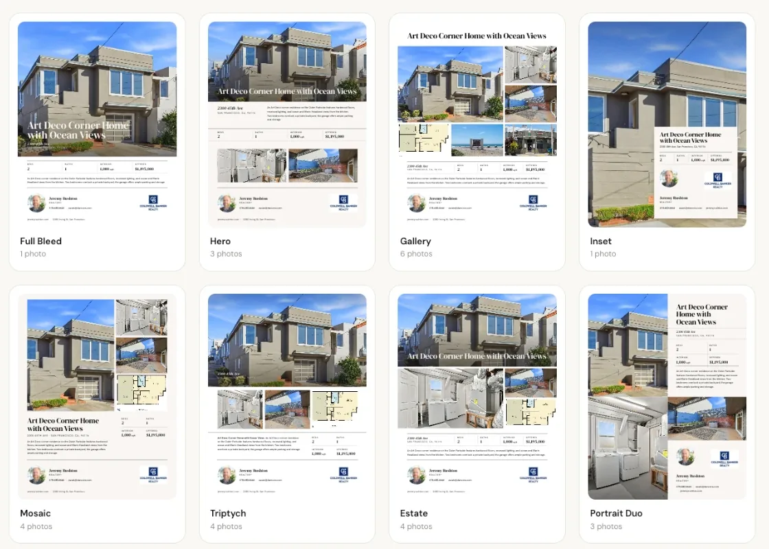 Eight ad layouts rendered with the customer's own photos